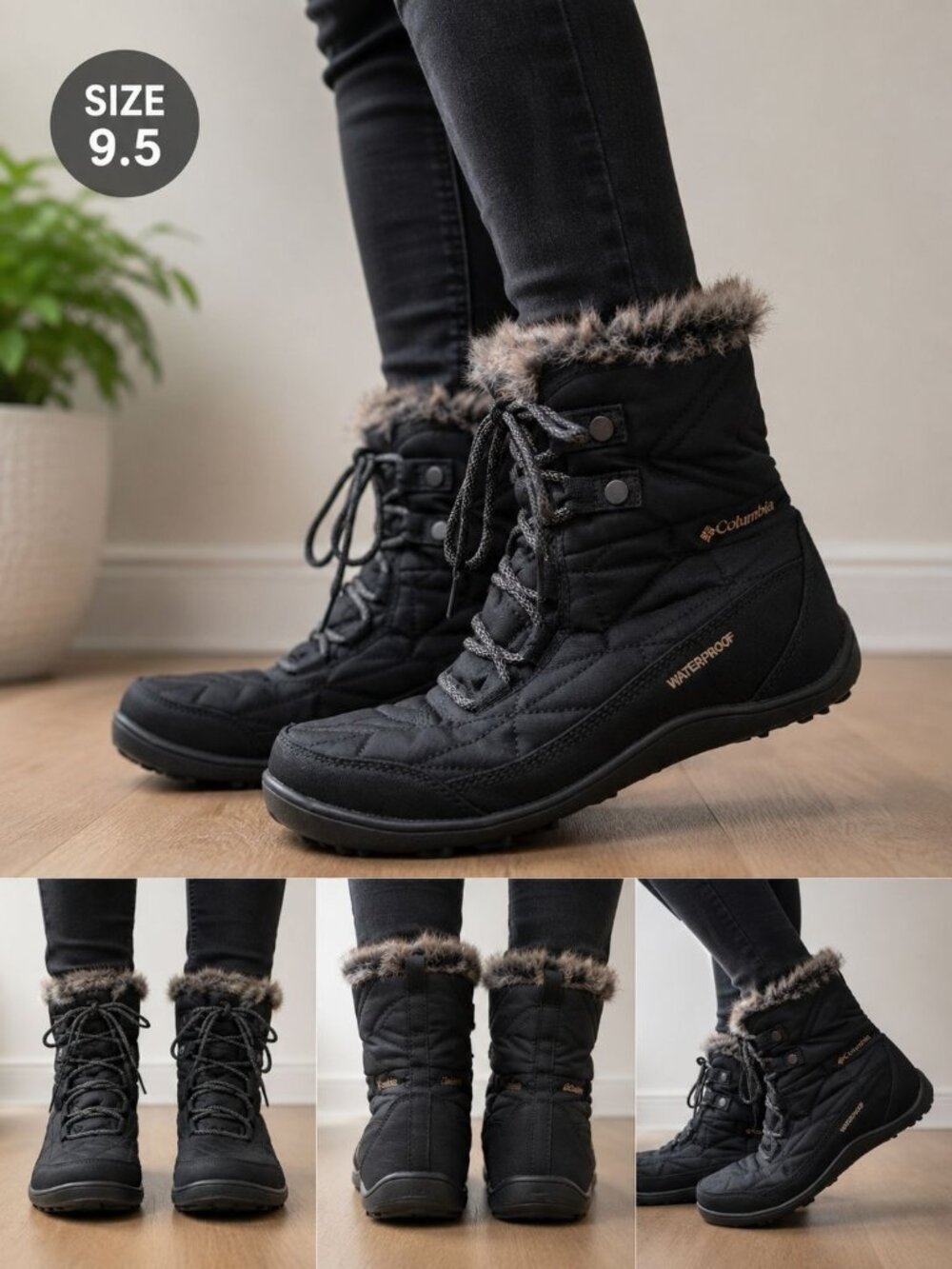 Columbia Women's Minx Shorty boots,  a black quilted design Faux Fur Trim Sz 9.5